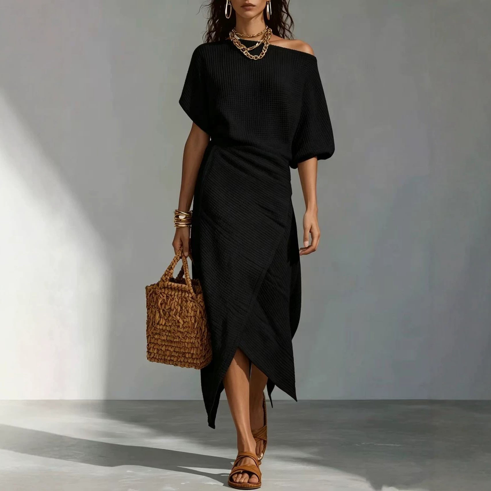 Robe décontractée femme couleur unie fente jupe irrégulière longue tailles S-XXL - IVOIRART.COM