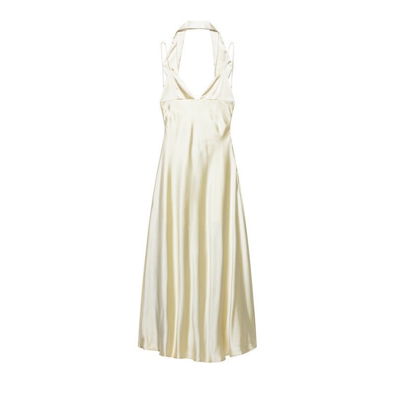 Robe décontractée femme satinée soie, taille haute, col halter, 6 couleurs chic! - IVOIRART.COM