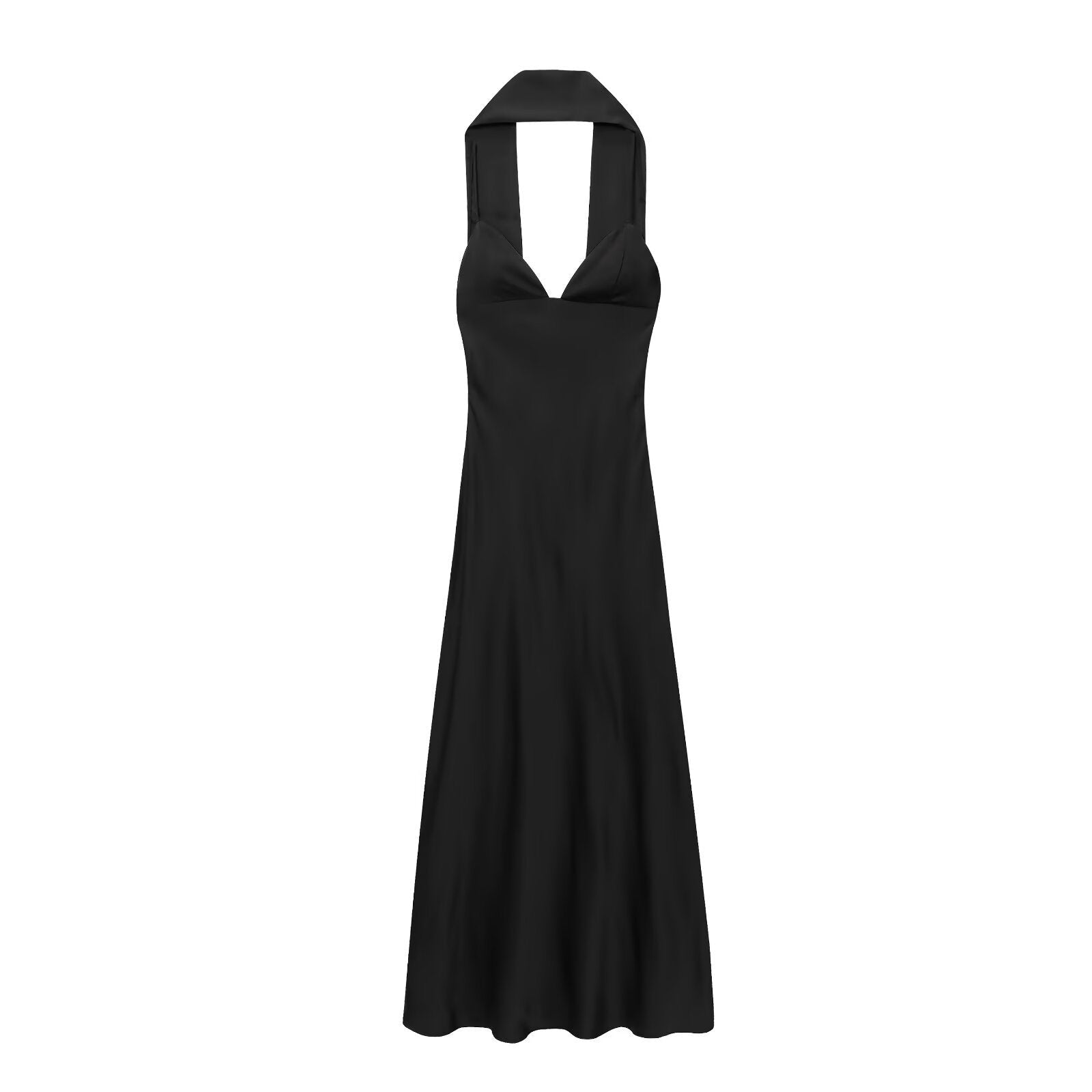 Robe décontractée femme satinée soie, taille haute, col halter, 6 couleurs chic! - IVOIRART.COM