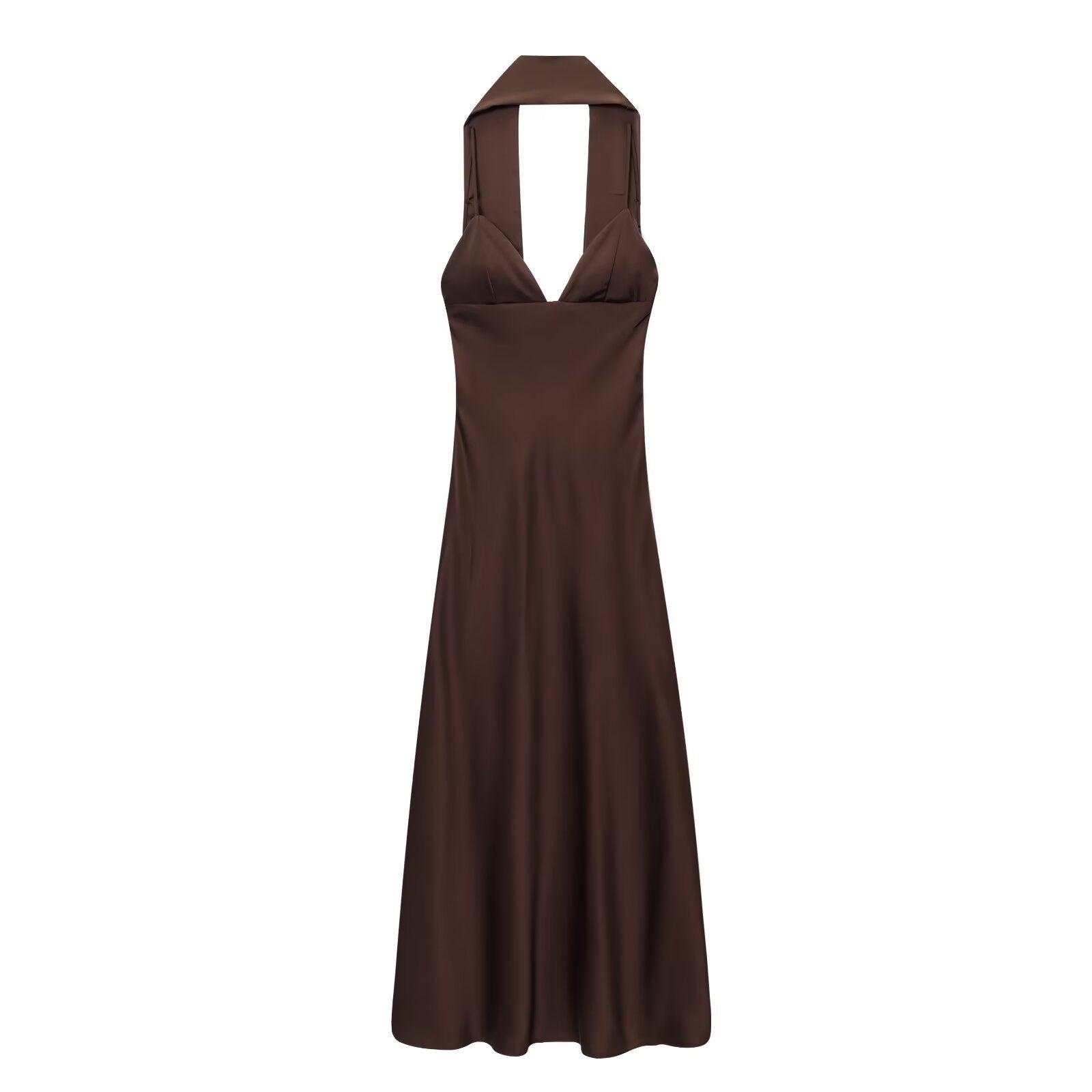 Robe décontractée femme satinée soie, taille haute, col halter, 6 couleurs chic! - IVOIRART.COM