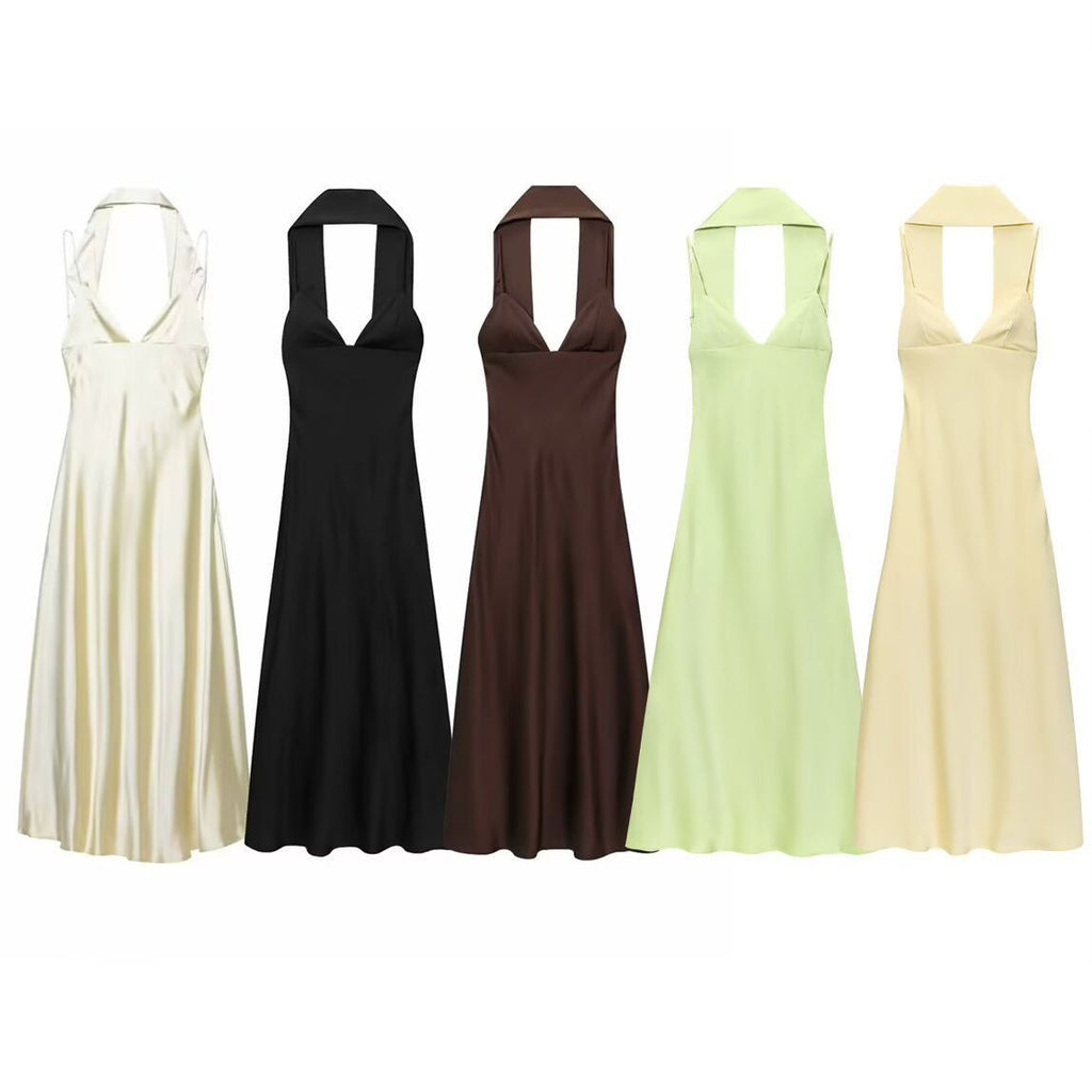 Robe décontractée femme satinée soie, taille haute, col halter, 6 couleurs chic! - IVOIRART.COM
