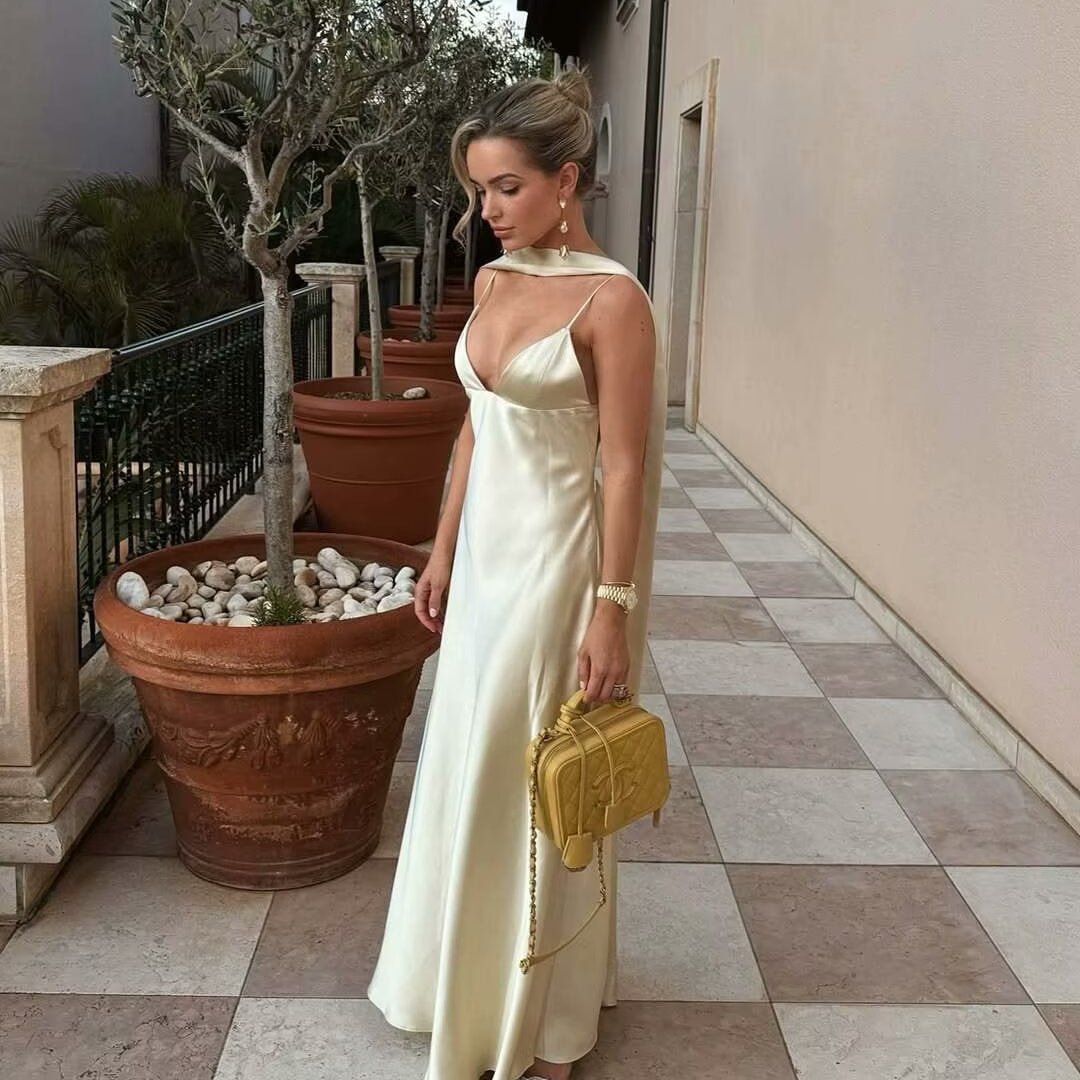 Robe décontractée femme satinée soie, taille haute, col halter, 6 couleurs chic! - IVOIRART.COM