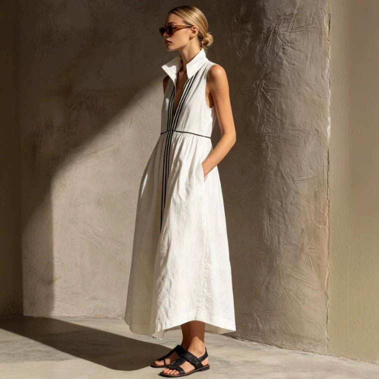 Robe décontractée rétro en coton-lin blanc à rayures avec ruban en soie blanche - IVOIRART.COM