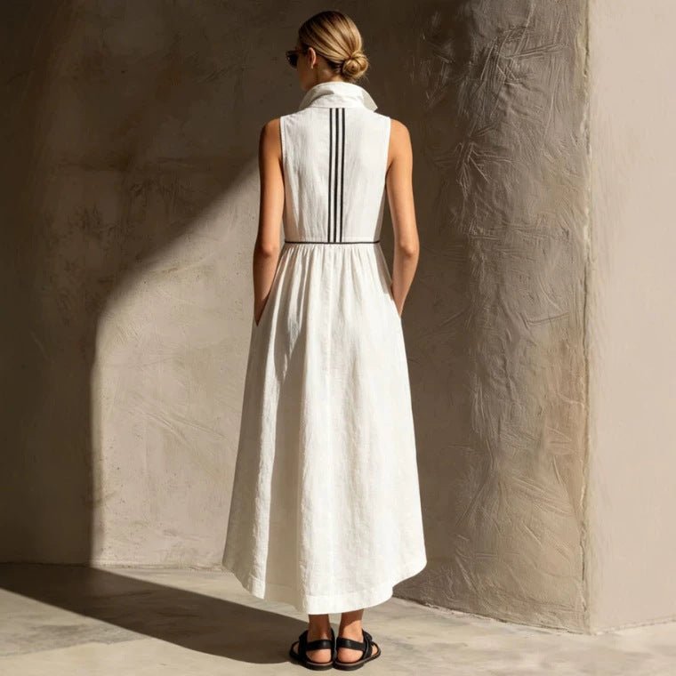 Robe décontractée rétro en coton-lin blanc à rayures avec ruban en soie blanche - IVOIRART.COM