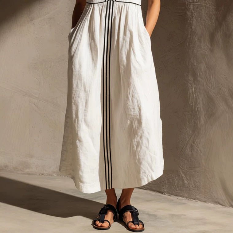 Robe décontractée rétro en coton-lin blanc à rayures avec ruban en soie blanche - IVOIRART.COM