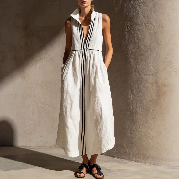 Robe décontractée rétro en coton-lin blanc à rayures avec ruban en soie blanche - IVOIRART.COM