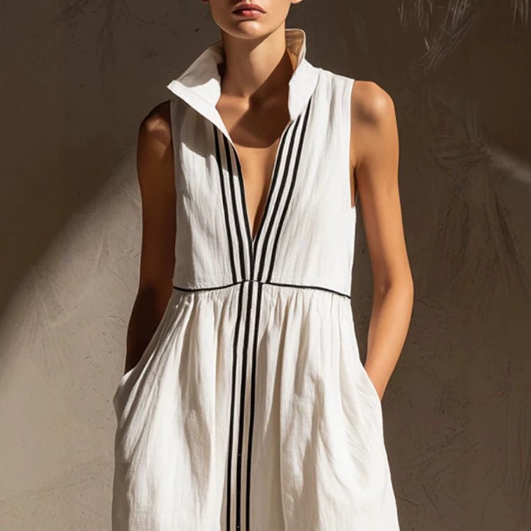 Robe décontractée rétro en coton-lin blanc à rayures avec ruban en soie blanche - IVOIRART.COM