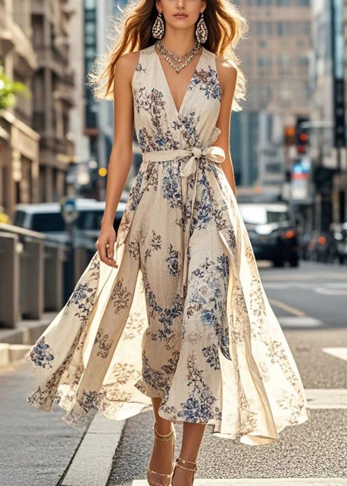 Robe d'été imprimée pour femme, lacets taille cintrée, style resort élégant chic - IVOIRART.COM