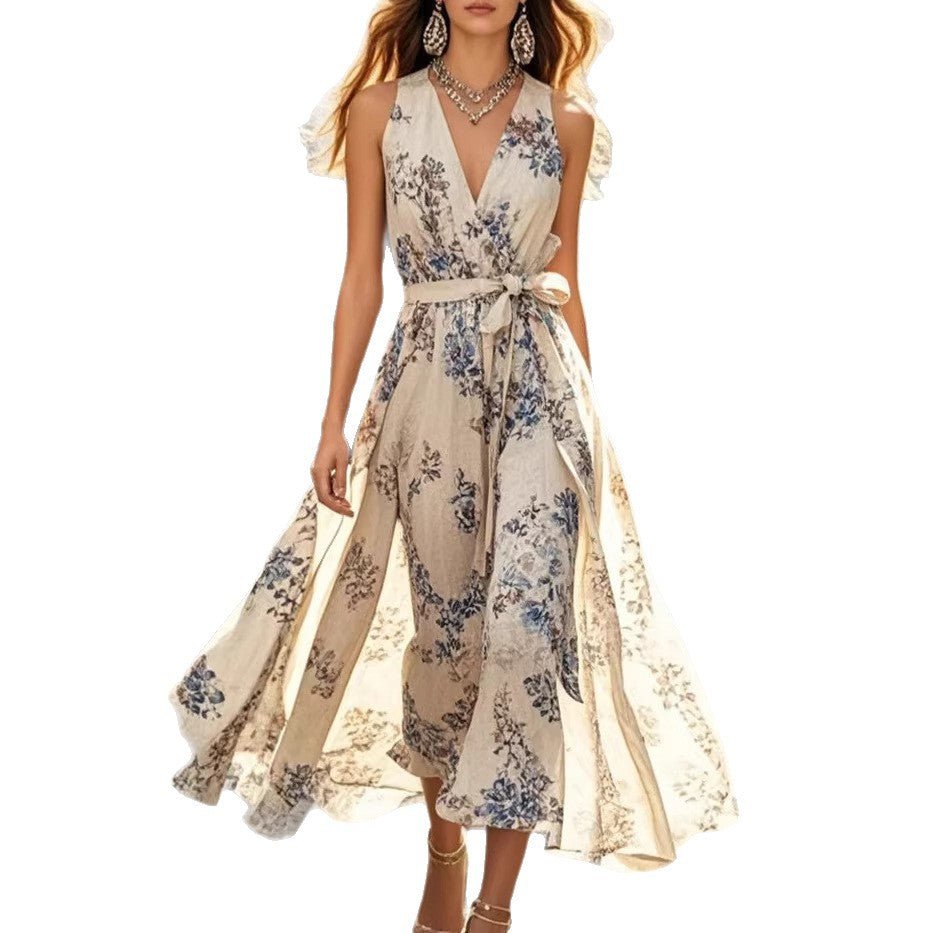 Robe d'été imprimée pour femme, lacets taille cintrée, style resort élégant chic - IVOIRART.COM