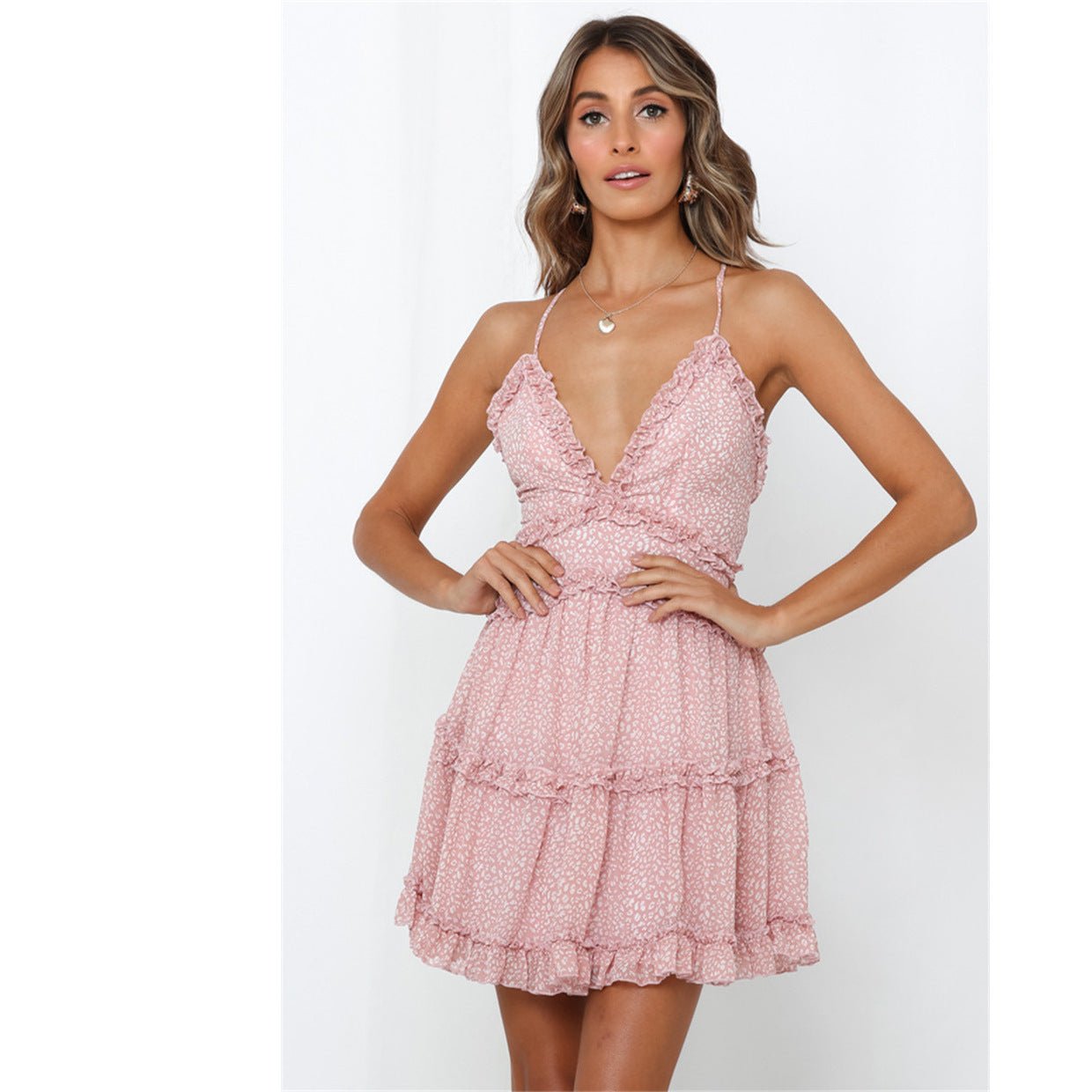 Robe dos-nu en mousseline imprimée, coupe princesse courte au style doux chic ! - IVOIRART.COM