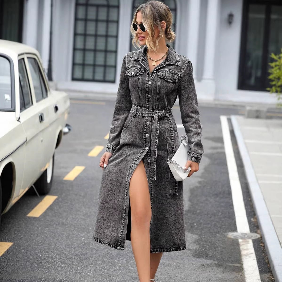 Robe élégante et sophistiquée pour femme à col chemise et jupe évasée - IVOIRART.COM