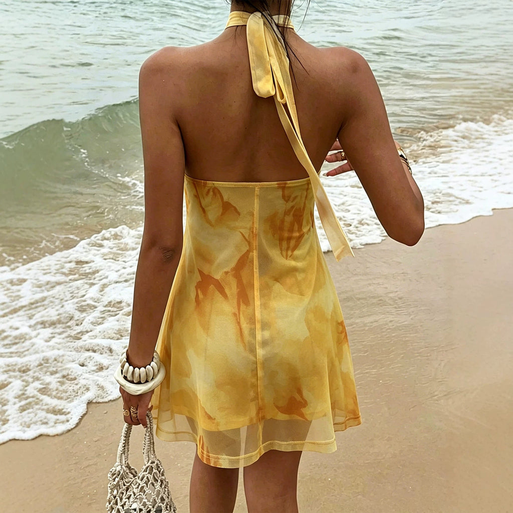 Robe en maille à col halter, cintrée à la taille, mini A-line, élégante pour été - IVOIRART.COM