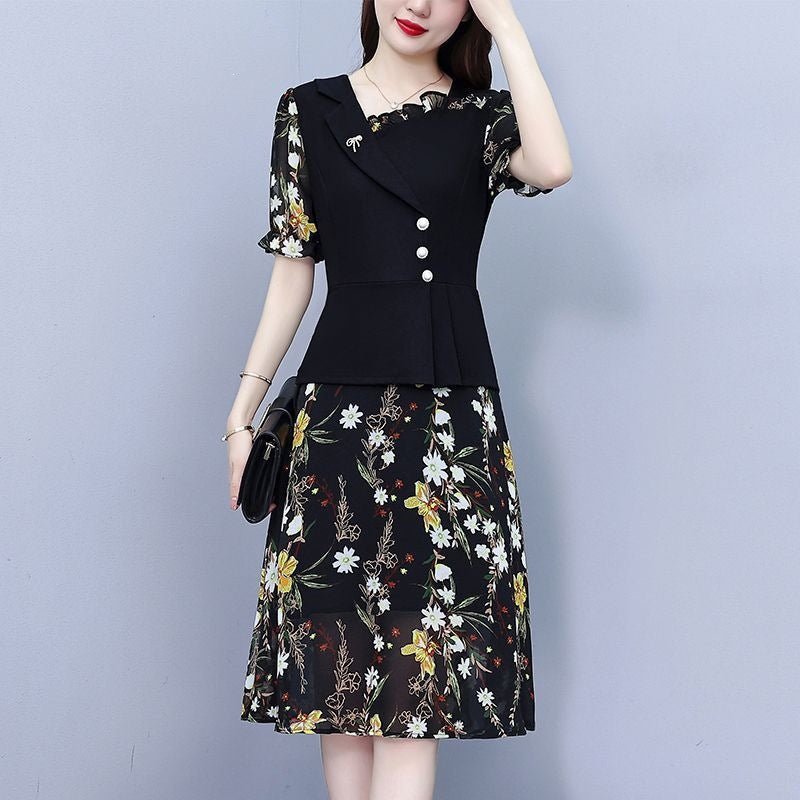 Robe en soie imprimée florale pour femme, bustier midi élégant style rétro chic. - IVOIRART.COM