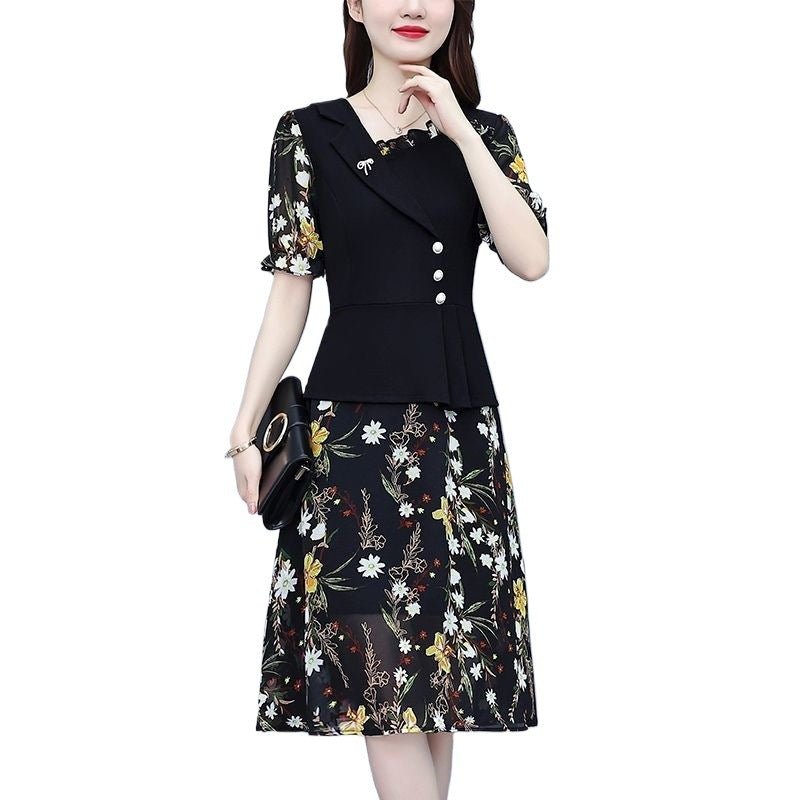 Robe en soie imprimée florale pour femme, bustier midi élégant style rétro chic. - IVOIRART.COM