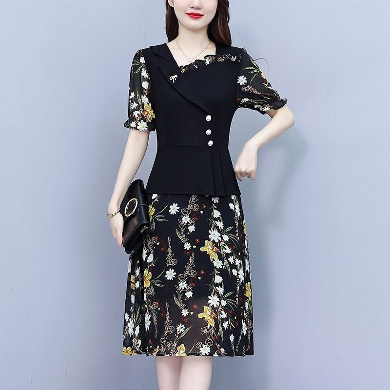 Robe en soie imprimée florale pour femme, bustier midi élégant style rétro chic. - IVOIRART.COM