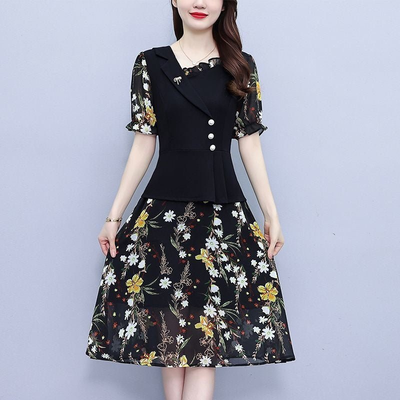 Robe en soie imprimée florale pour femme, bustier midi élégant style rétro chic. - IVOIRART.COM