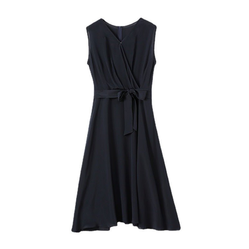 Robe en soie style français col V sans manches cintrée à la taille bleu marine . - IVOIRART.COM