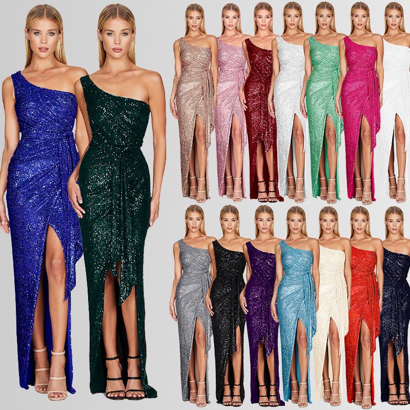 Robe femme asymétrique à une épaule, lacets, fronces, sequins bleu foncé soirée - IVOIRART.COM