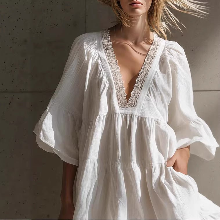 Robe Femme de Fête en Dentelle à Col V avec Jupe Bouffante Taille S à 2XL - IVOIRART.COM