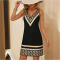 Robe femme été col V élégante européenne-américaine, maille midi noire, slim été - IVOIRART.COM