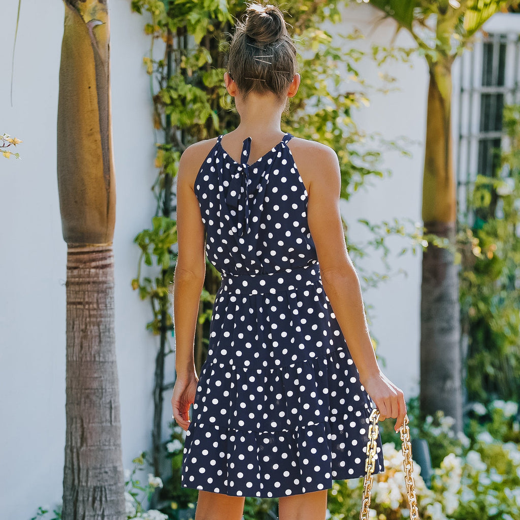 Robe Femme Sans Manches à Col Rond en Mousseline à Pois avec Style Midi - IVOIRART.COM