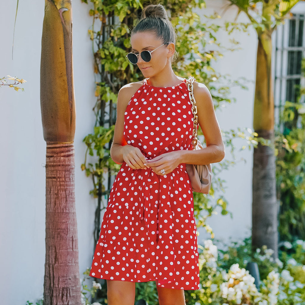 Robe Femme Sans Manches à Col Rond en Mousseline à Pois avec Style Midi - IVOIRART.COM