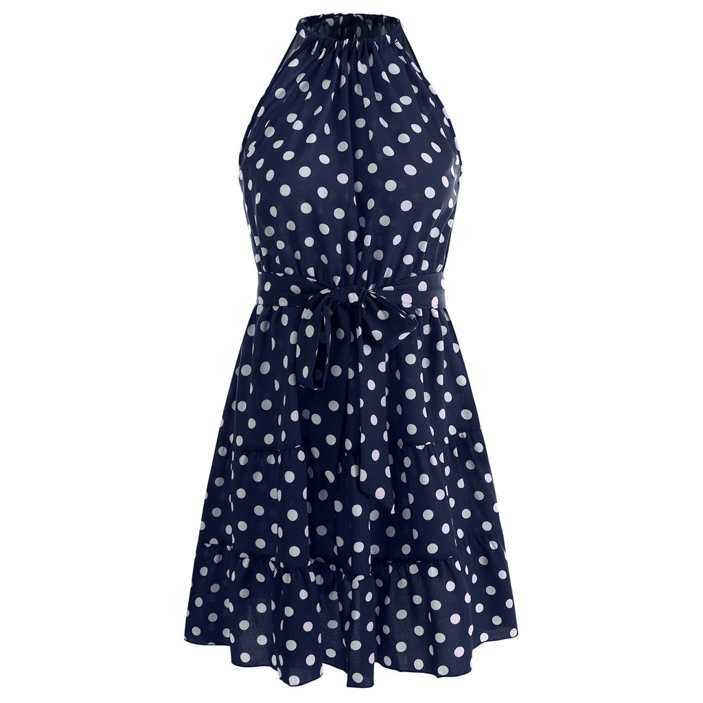 Robe Femme Sans Manches à Col Rond en Mousseline à Pois avec Style Midi - IVOIRART.COM