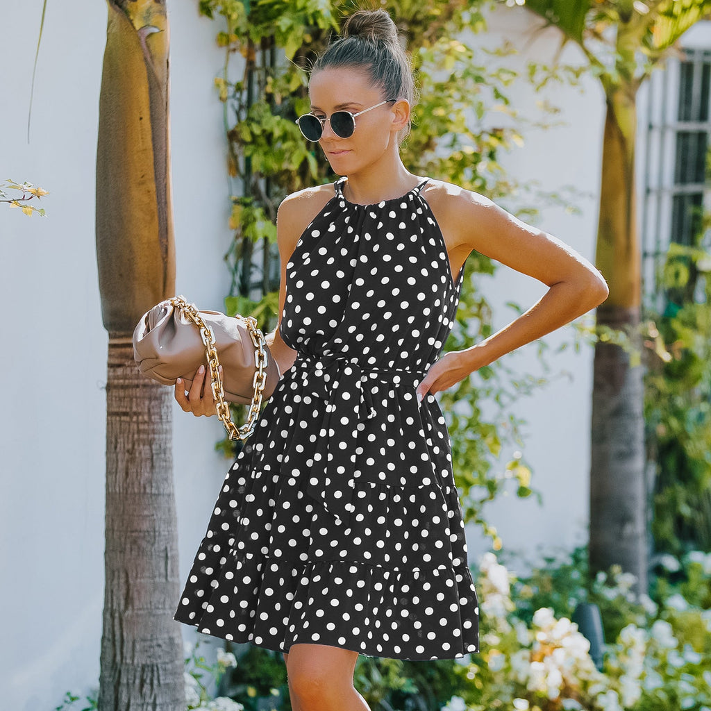 Robe Femme Sans Manches à Col Rond en Mousseline à Pois avec Style Midi - IVOIRART.COM