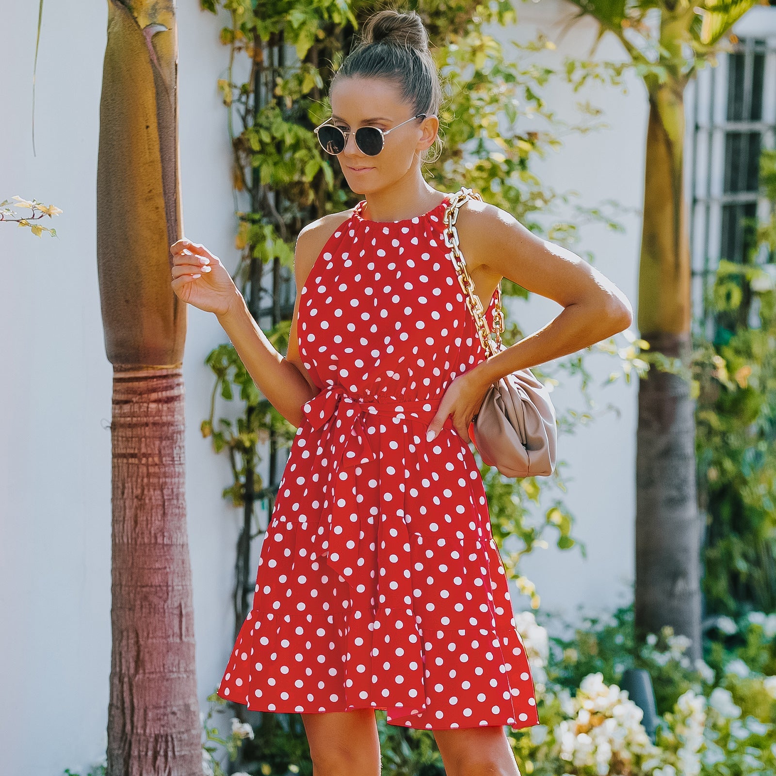 Robe Femme Sans Manches à Col Rond en Mousseline à Pois avec Style Midi - IVOIRART.COM