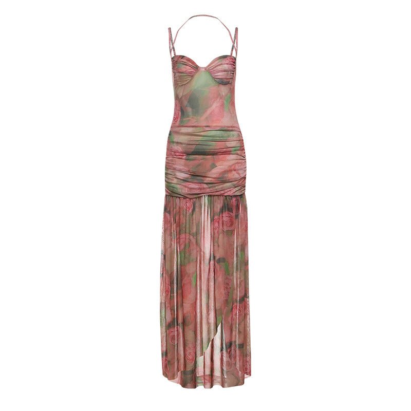 Robe femme sexy à bretelles, décolleté profond, motif floral rose, tailles S M L. - IVOIRART.COM