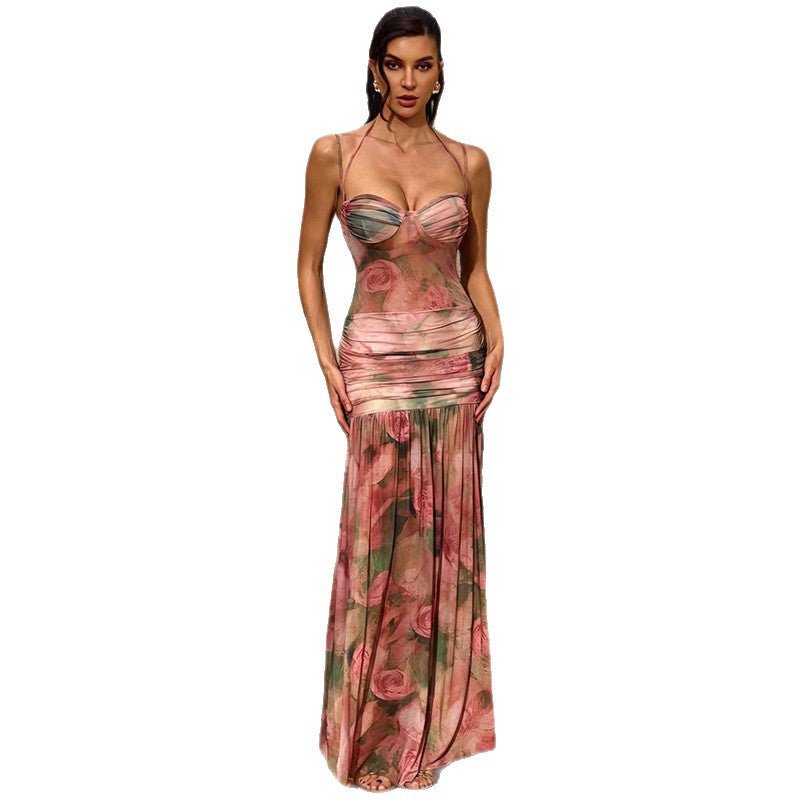 Robe femme sexy à bretelles, décolleté profond, motif floral rose, tailles S M L. - IVOIRART.COM