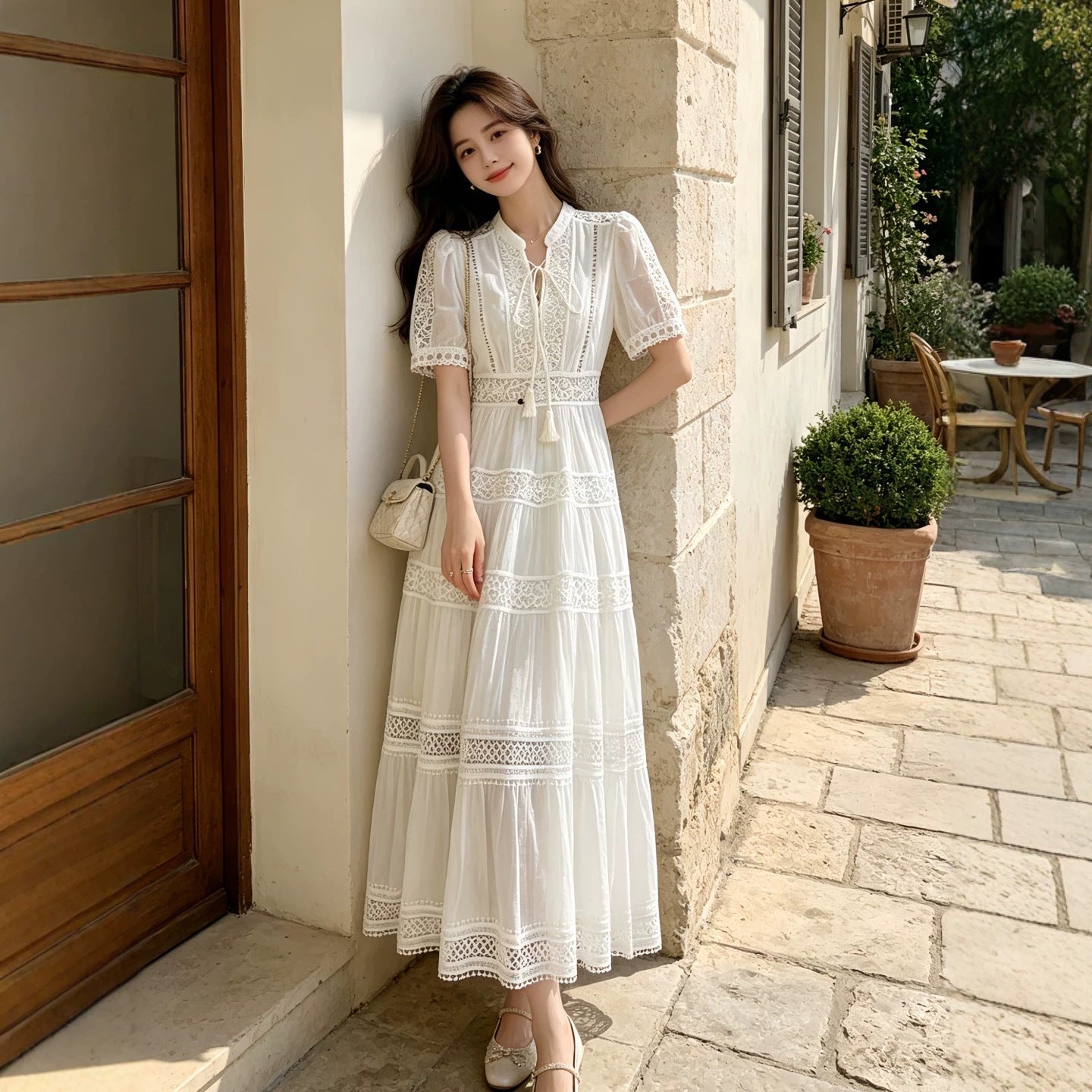 Robe femme style français en tencel avec dentelle, col V ajouré, taille haute été - IVOIRART.COM