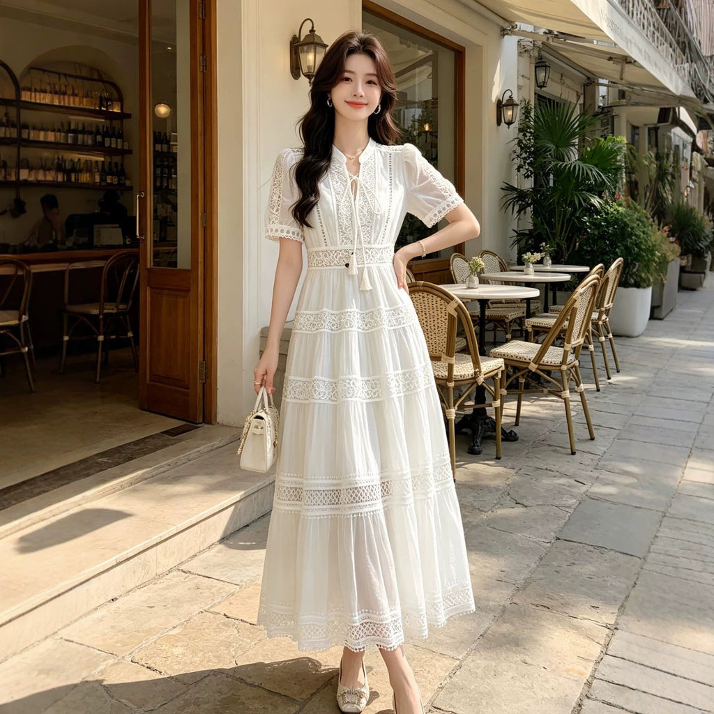 Robe femme style français en tencel avec dentelle, col V ajouré, taille haute été - IVOIRART.COM