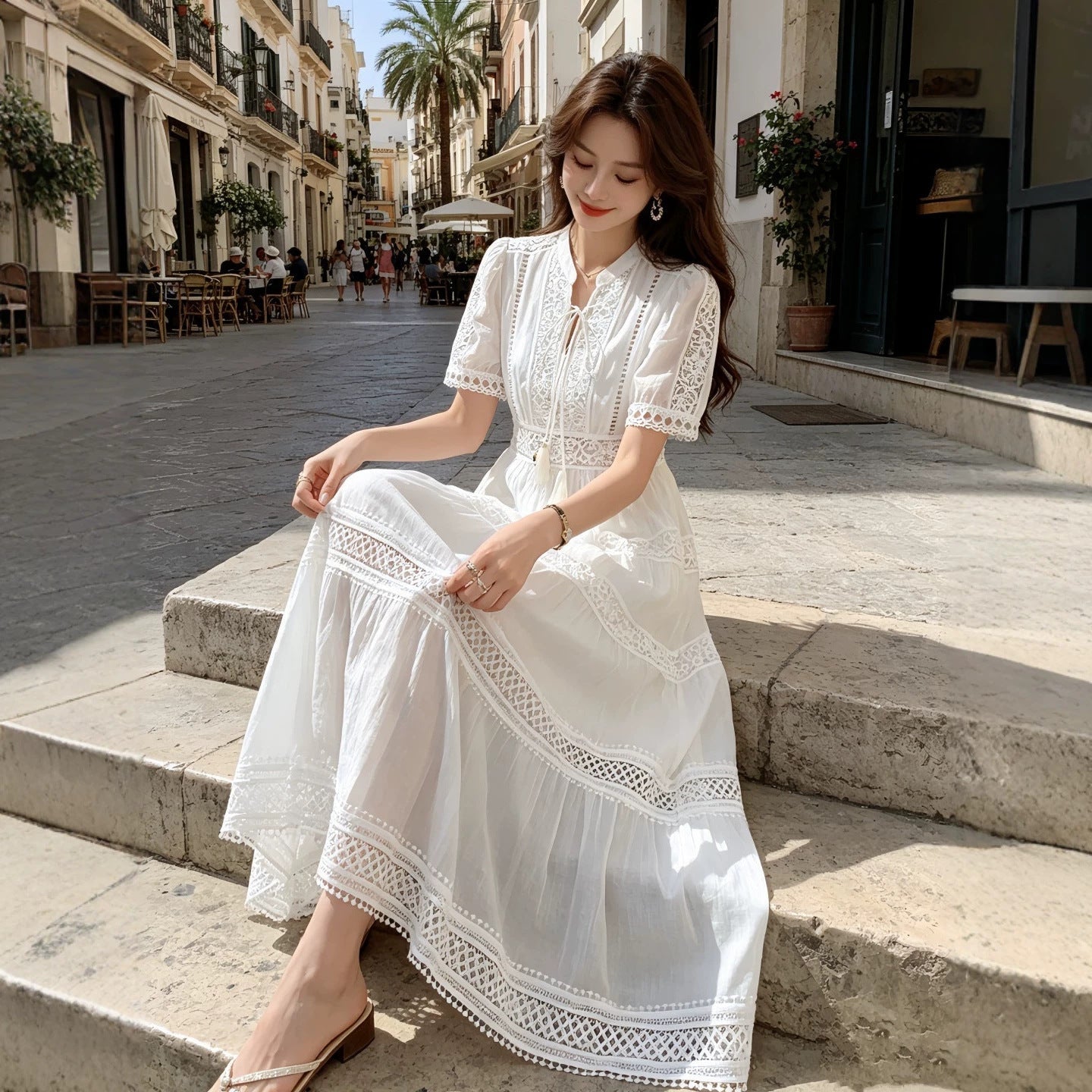 Robe femme style français en tencel avec dentelle, col V ajouré, taille haute été - IVOIRART.COM