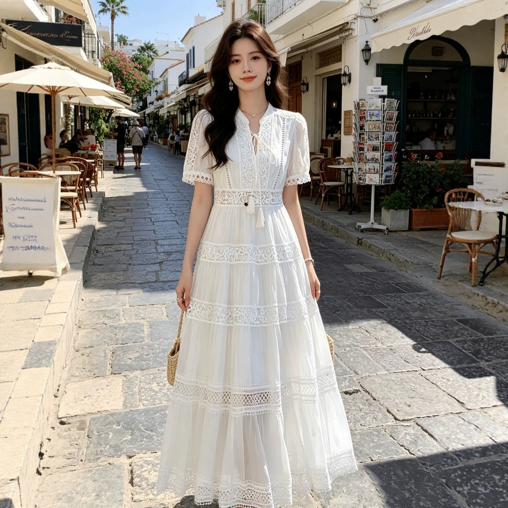 Robe femme style français en tencel avec dentelle, col V ajouré, taille haute été - IVOIRART.COM