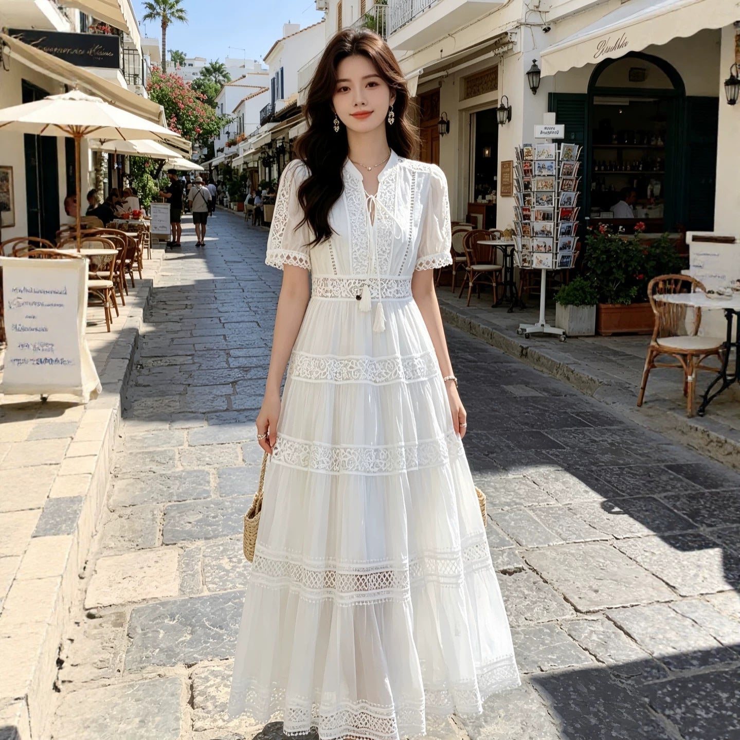 Robe femme style français en tencel avec dentelle, col V ajouré, taille haute été - IVOIRART.COM