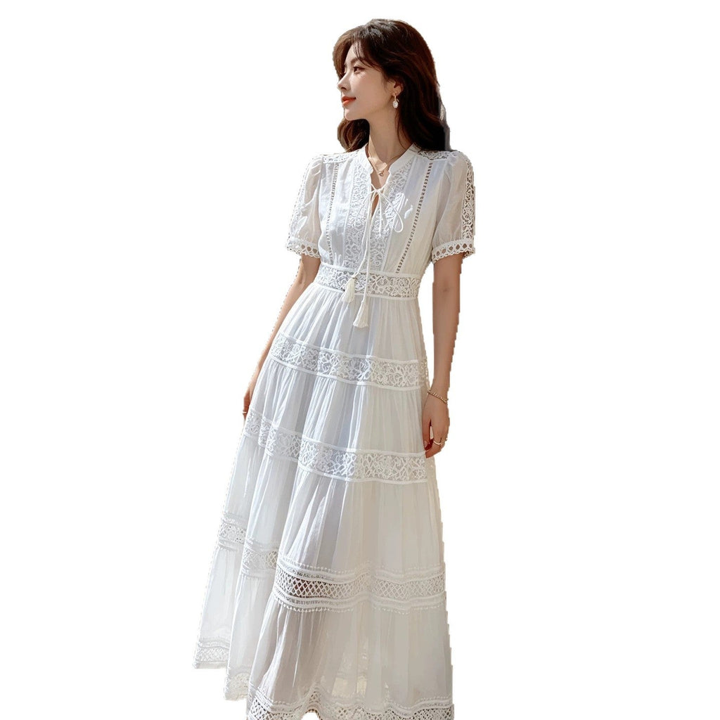 Robe femme style français en tencel avec dentelle, col V ajouré, taille haute été - IVOIRART.COM