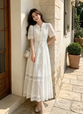 Robe femme style français en tencel avec dentelle, col V ajouré, taille haute été - IVOIRART.COM