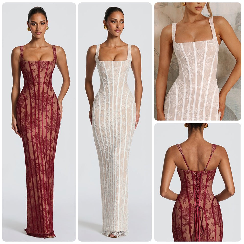 Robe fourreau en mesh à rayures verticales pour femme, taille haute élégante chic - IVOIRART.COM