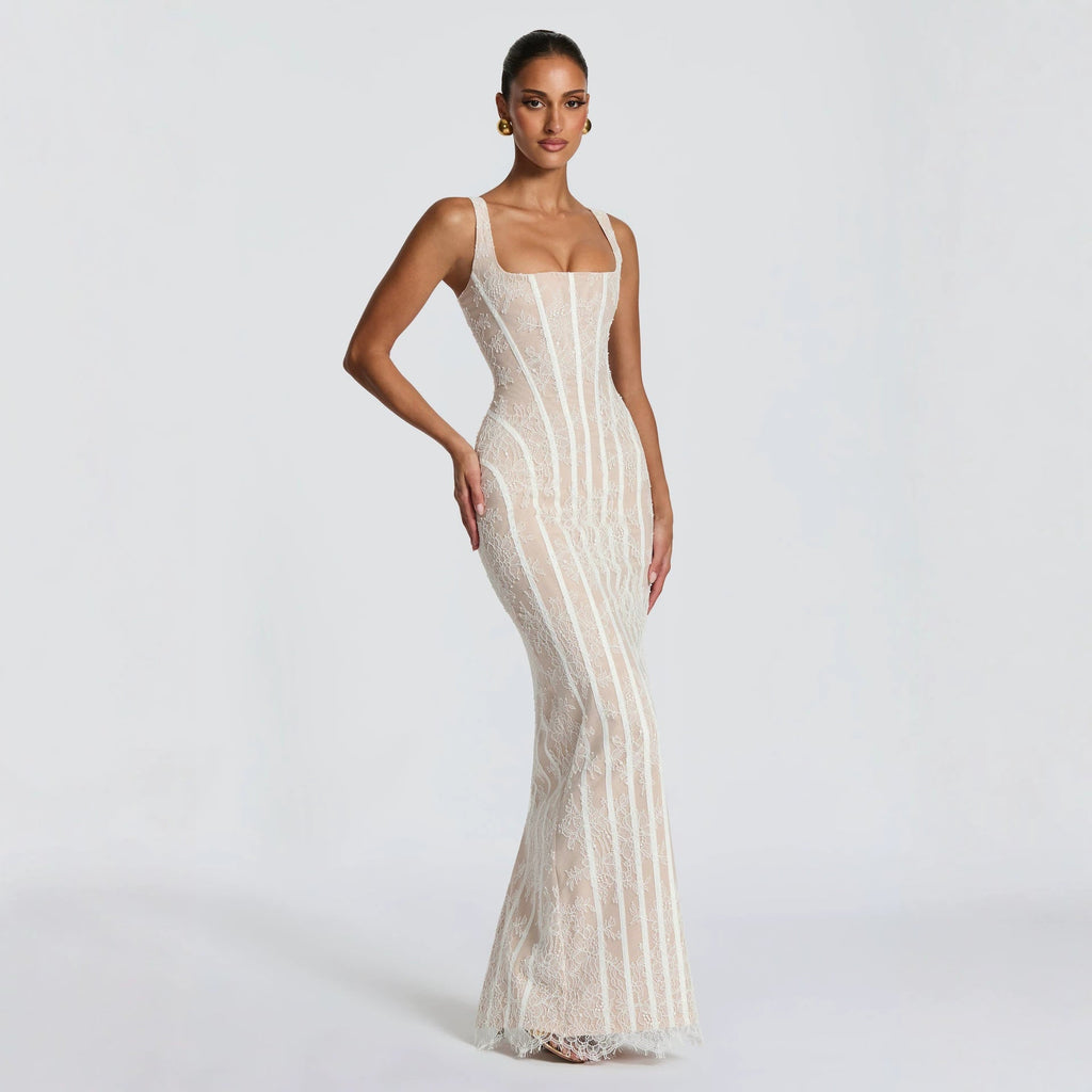 Robe fourreau en mesh à rayures verticales pour femme, taille haute élégante chic - IVOIRART.COM