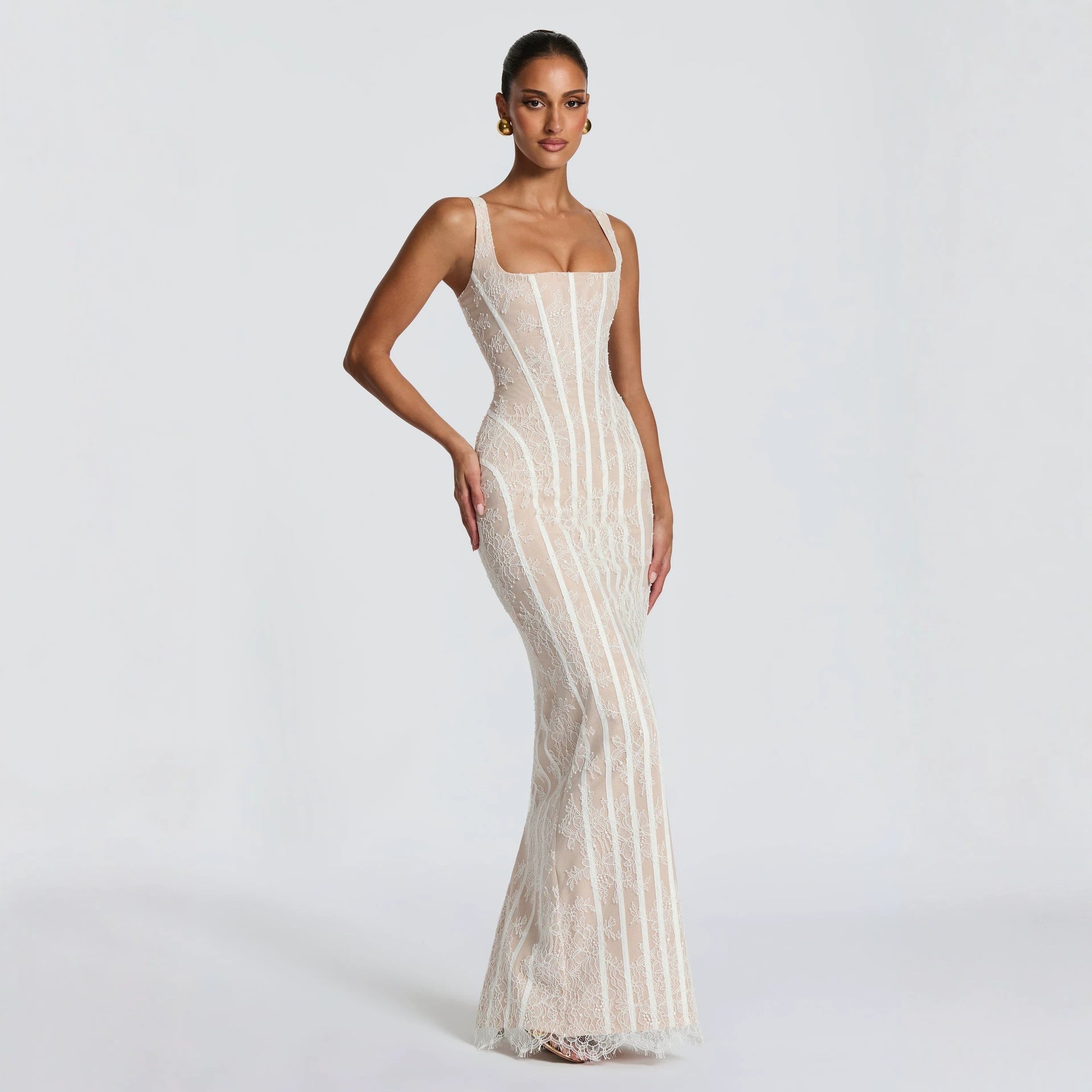 Robe fourreau en mesh à rayures verticales pour femme, taille haute élégante chic - IVOIRART.COM