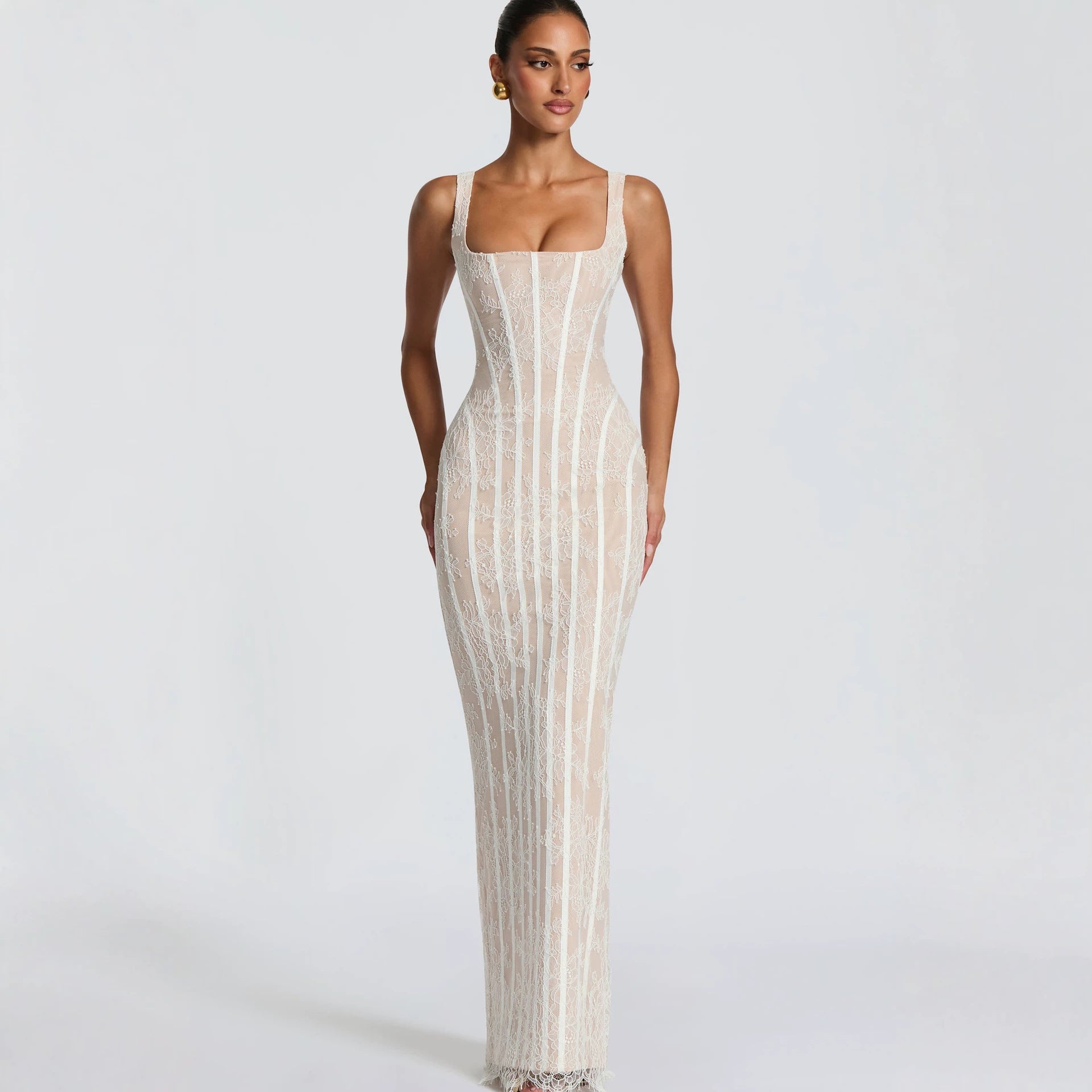 Robe fourreau en mesh à rayures verticales pour femme, taille haute élégante chic - IVOIRART.COM