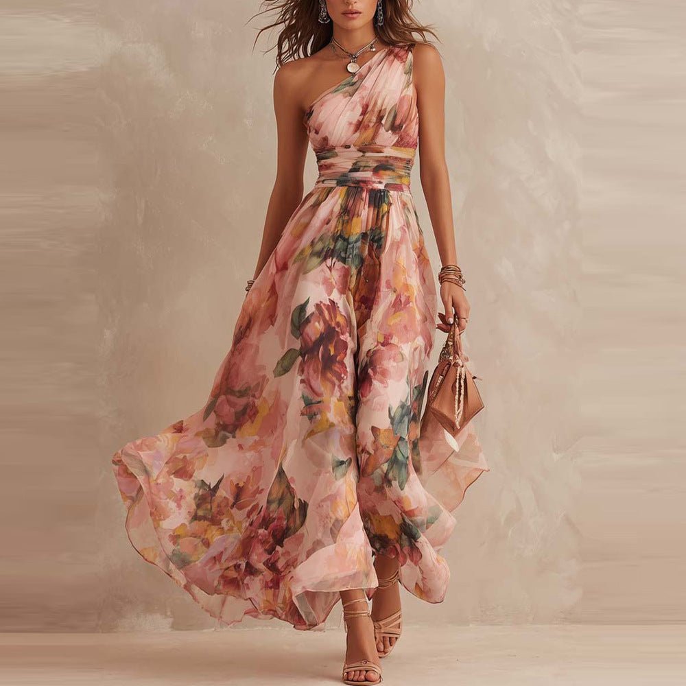 Robe imprimée élégante épaules dénudées sans manches, taille haute slim pour été - IVOIRART.COM