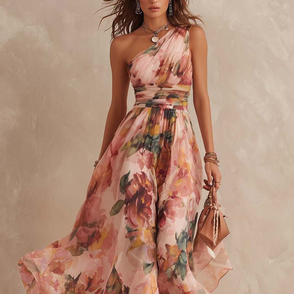 Robe imprimée élégante épaules dénudées sans manches, taille haute slim pour été - IVOIRART.COM