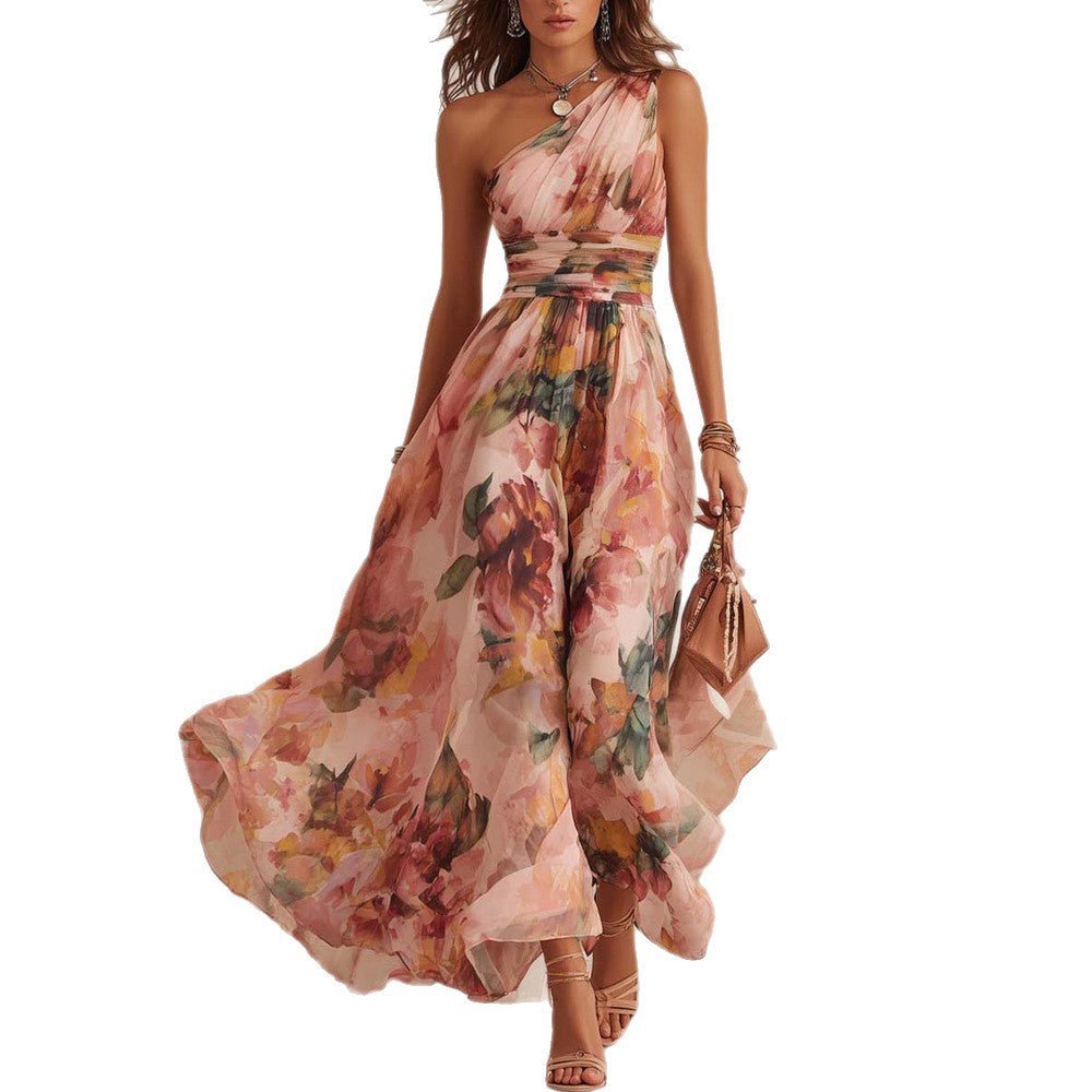 Robe imprimée élégante épaules dénudées sans manches, taille haute slim pour été - IVOIRART.COM
