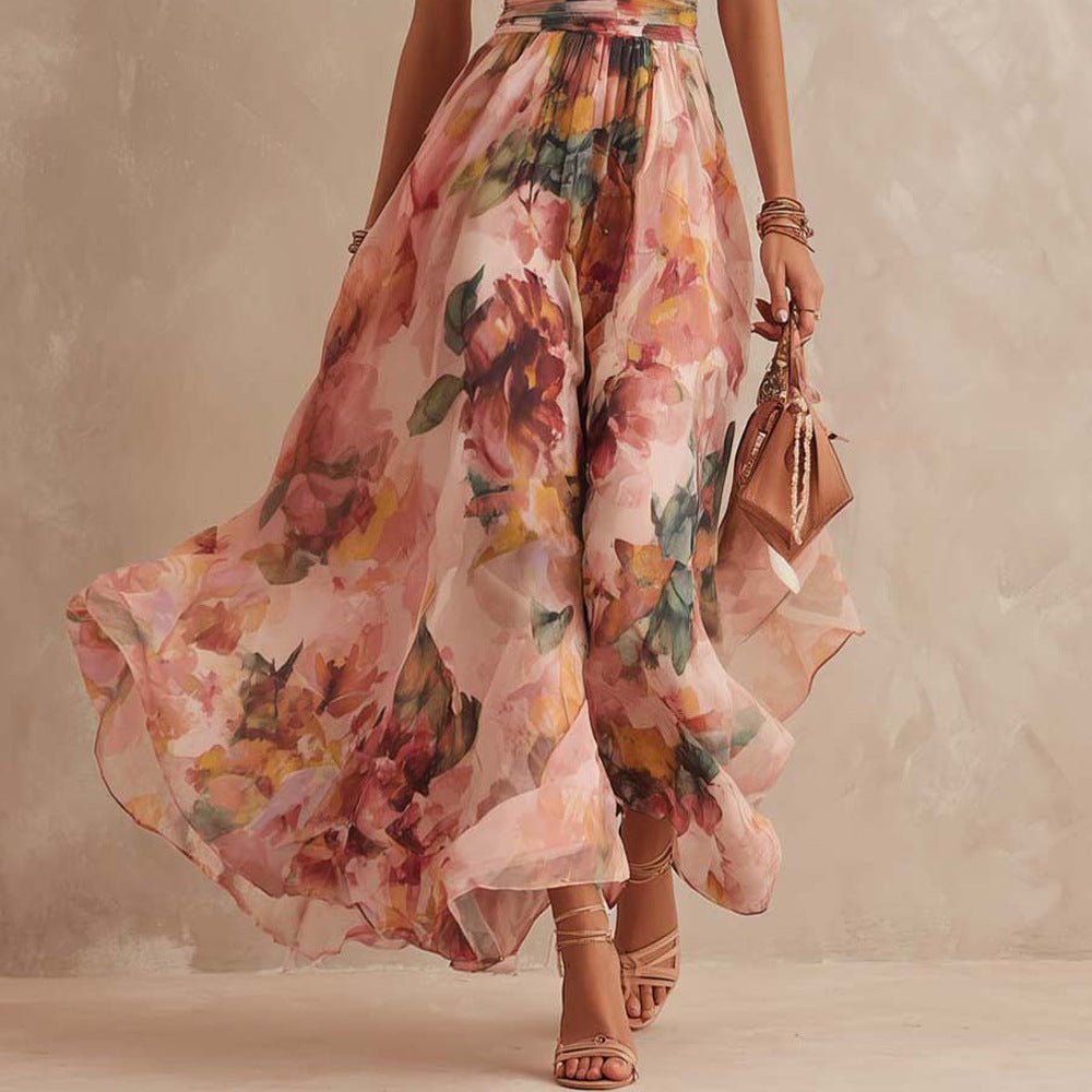 Robe imprimée élégante épaules dénudées sans manches, taille haute slim pour été - IVOIRART.COM
