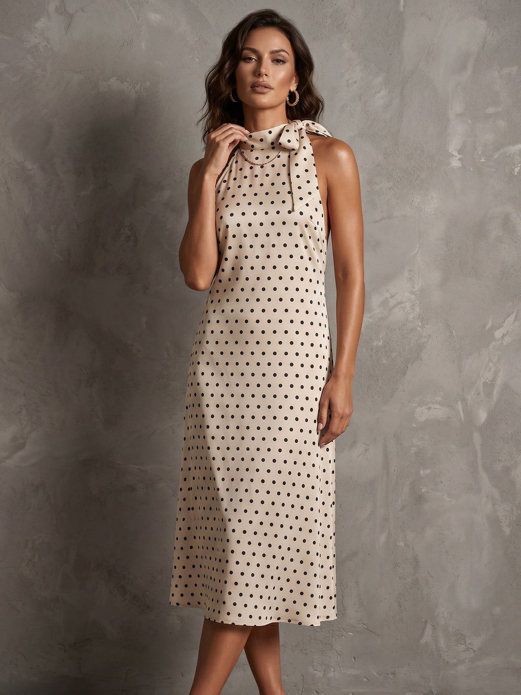 Robe longue à pois style designer, sans manches, dos nu à col halter pour femme. - IVOIRART.COM