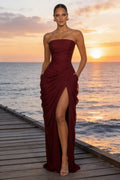 Robe longue bordeaux bustier froncée fente haute avec poches chic et confortable - IVOIRART.COM