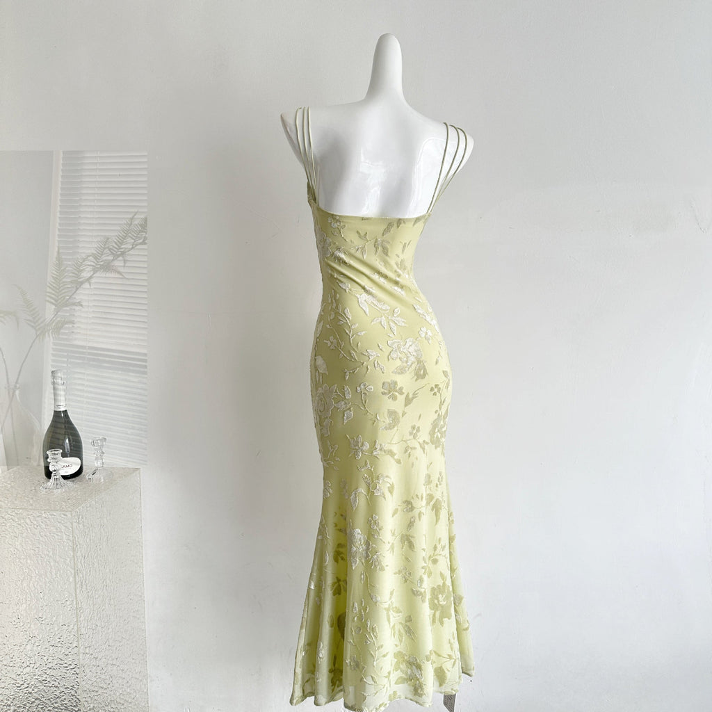 Robe longue bustier en tulle style français avec imprimé floral frais et doux - IVOIRART.COM