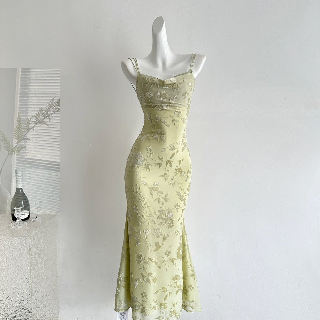 Robe longue bustier en tulle style français avec imprimé floral frais et doux - IVOIRART.COM